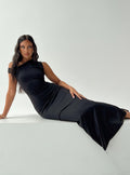 front view of model wearing Princess Polly Beller Maxi Dress Black Asymmetric Neckline