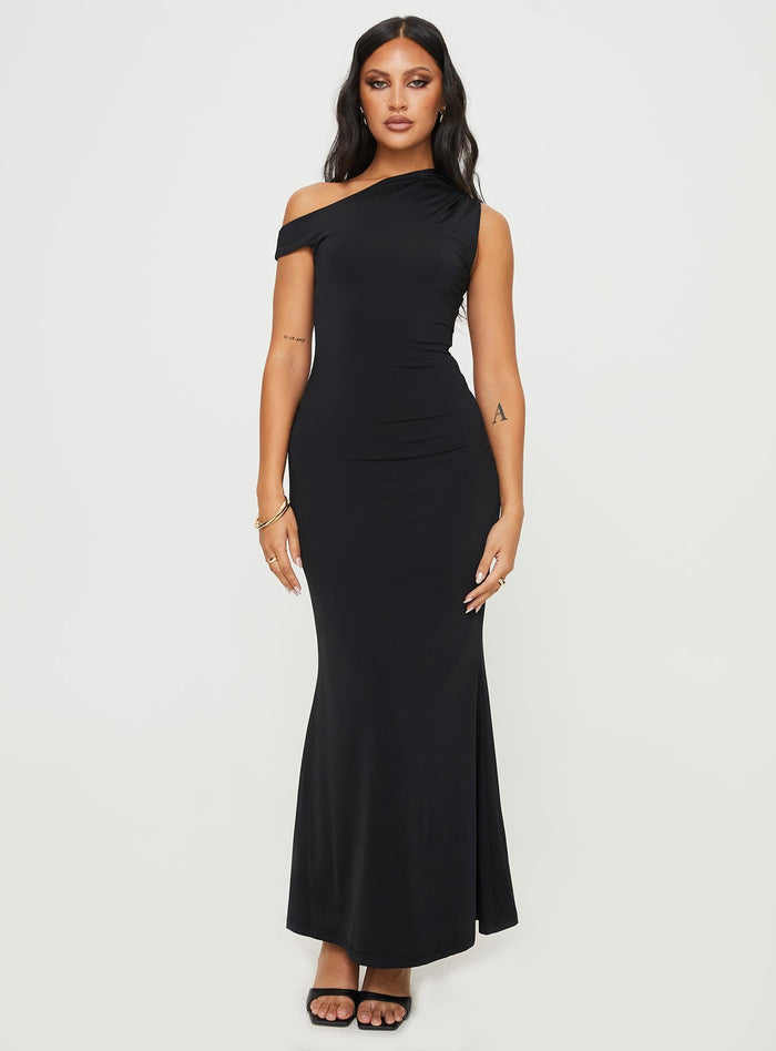 front view of model wearing Princess Polly Beller Maxi Dress Black Asymmetric Neckline