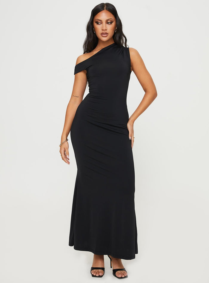 front view of model wearing Princess Polly Beller Maxi Dress Black Asymmetric Neckline