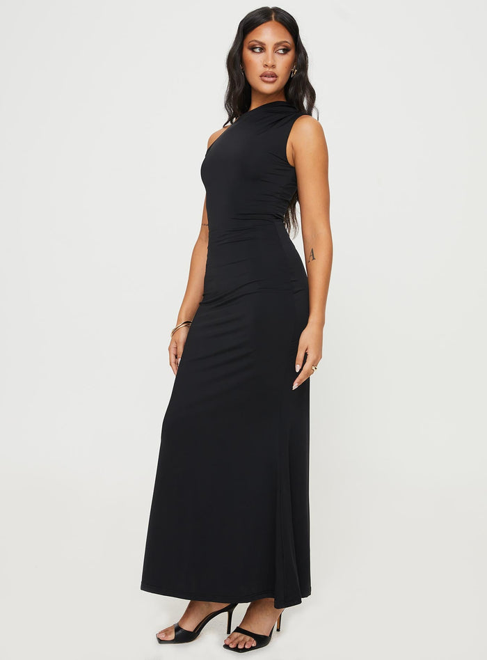 side view of model wearing Princess Polly Beller Maxi Dress Black Asymmetric Neckline