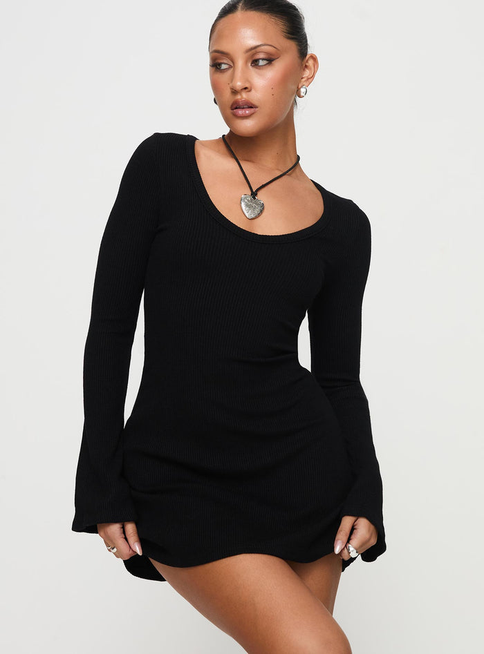 front view of model wearing Princess Polly Best Interest Long Sleeve Mini Dress Black Scoop Neck
