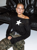 back view of model wearing Princess Polly Big Star Knit Sweater Black Cropped