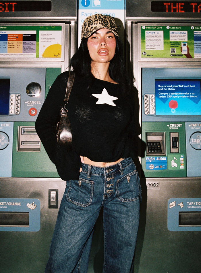 front view of model wearing Princess Polly Big Star Knit Sweater Black Cropped