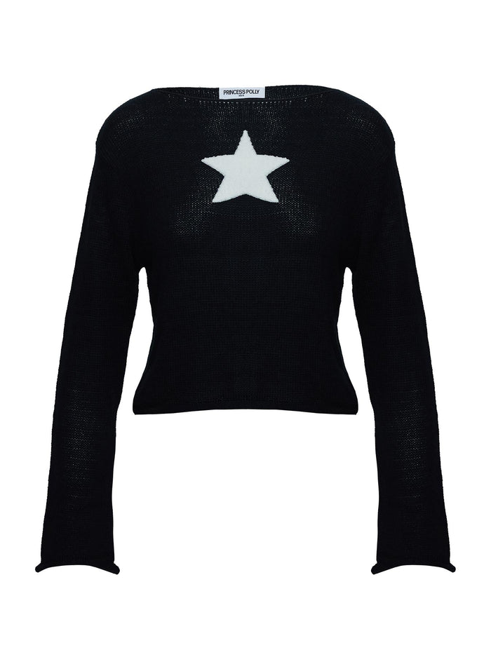 back view of model wearing Princess Polly Big Star Knit Sweater Black Cropped