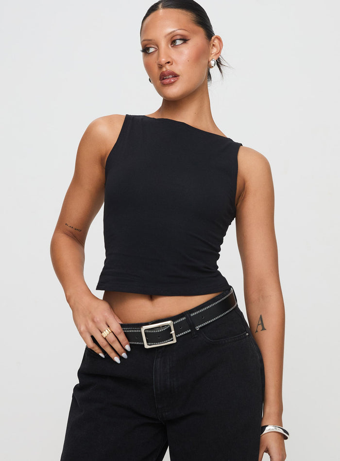 front view of model wearing Princess Polly Bleeker High Neck Top Black Sleeveless Boat Neck