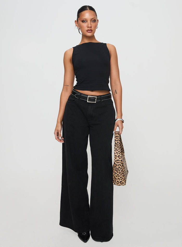 front view of model wearing Princess Polly Bleeker High Neck Top Black Sleeveless Boat Neck