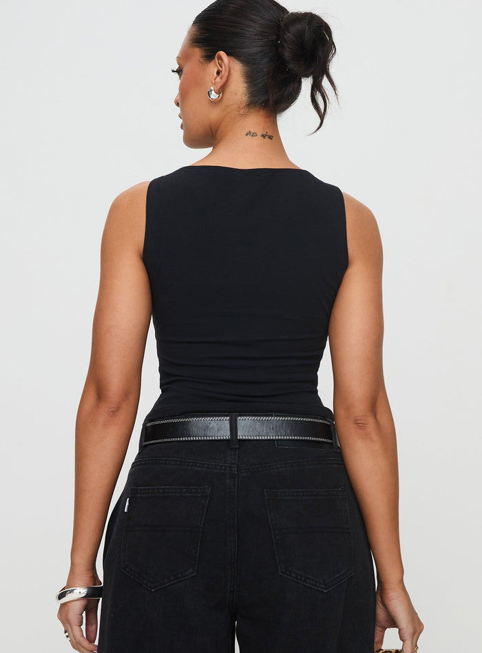 back view of model wearing Princess Polly Bleeker High Neck Top Black Sleeveless Boat Neck