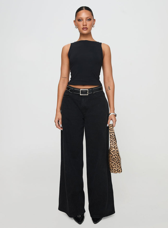 front view of model wearing Princess Polly Bleeker High Neck Top Black Sleeveless Boat Neck
