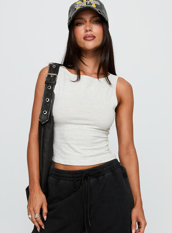 front view of model wearing Princess Polly Bleeker High Neck Top Grey Marle Sleeveless Crew Neck