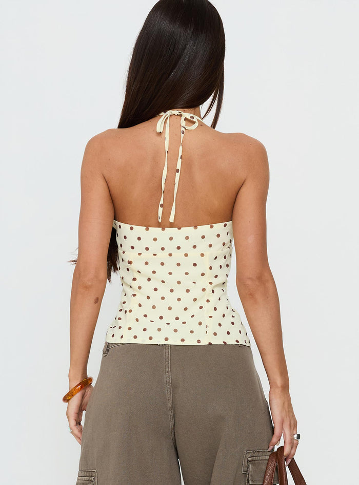 Bon Bon Tie Neck Top Yellow / Brown Polka