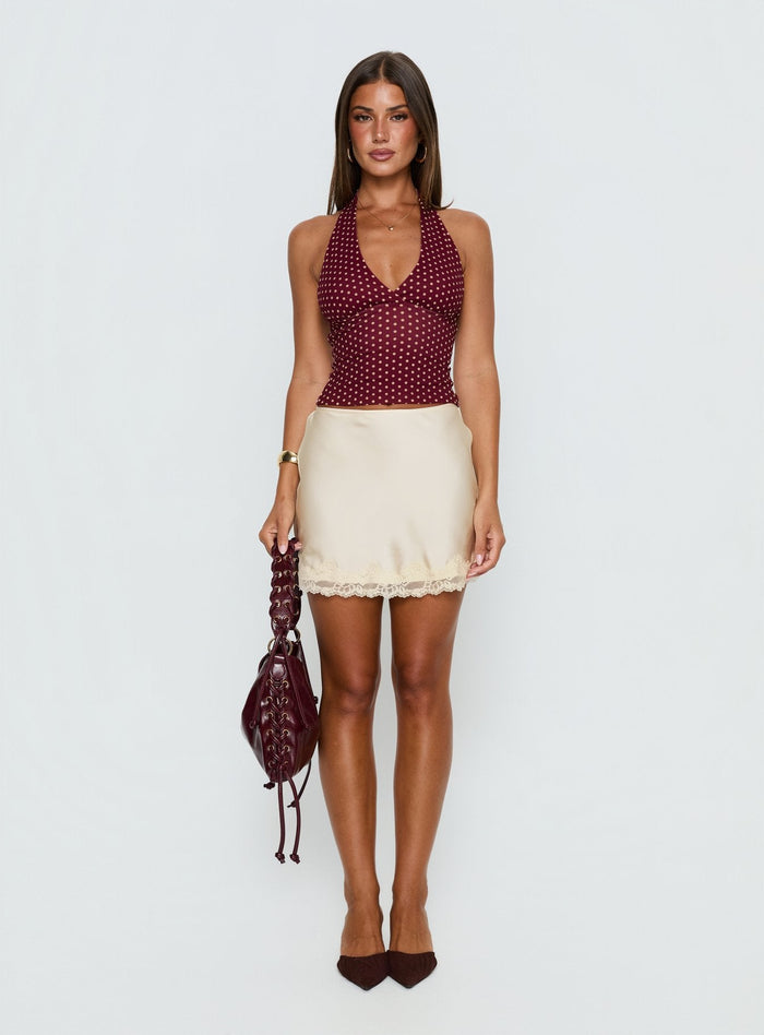 back view of model wearing Princess Polly Brandey Lace Mini Skirt Cream Mini Skirts Skirts