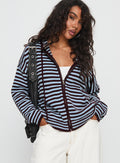 side view of model wearing Princess Polly Brienna Zip Jacket Burgundy / Blue Stripe
