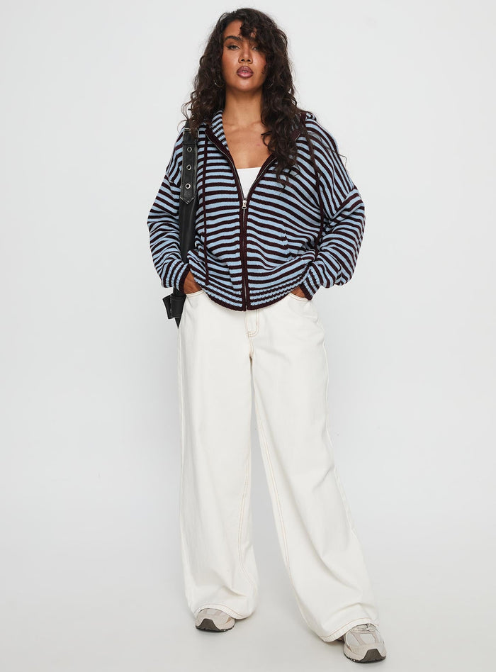 front view of model wearing Princess Polly Brienna Zip Jacket Burgundy / Blue Stripe