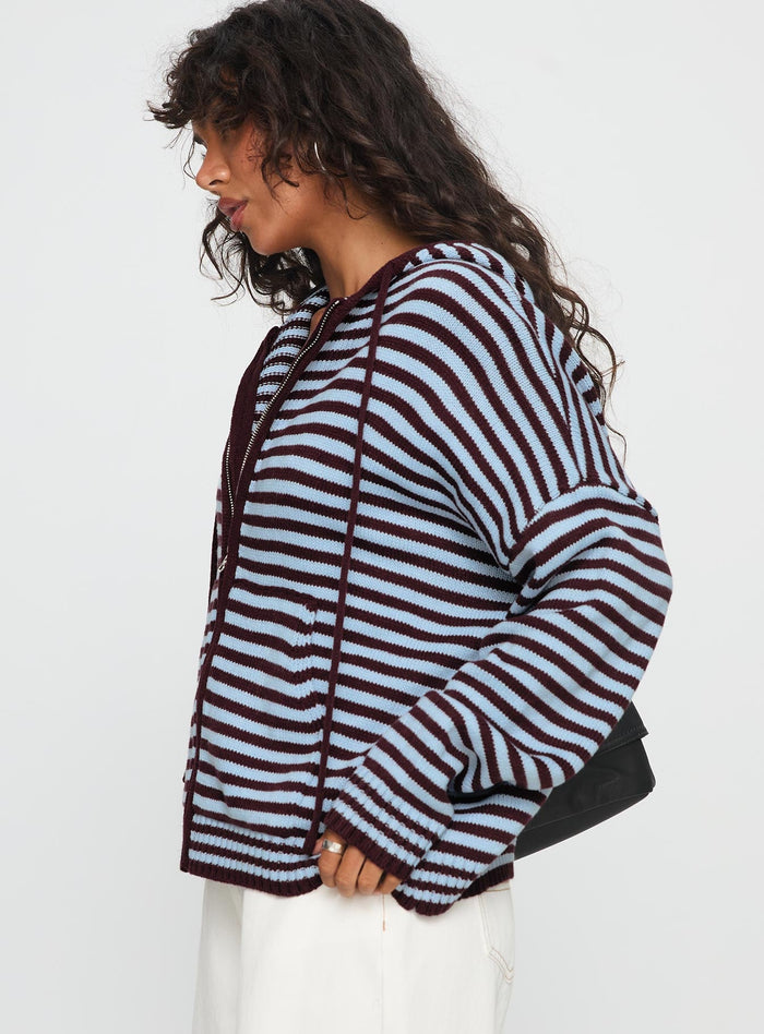 side view of model wearing Princess Polly Brienna Zip Jacket Burgundy / Blue Stripe