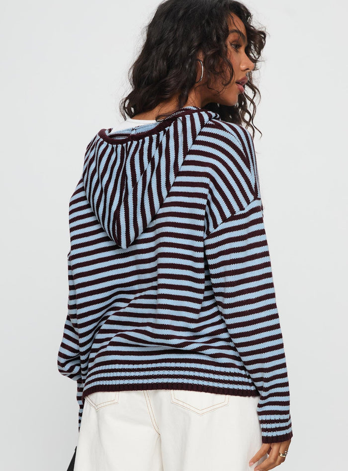 back view of model wearing Princess Polly Brienna Zip Jacket Burgundy / Blue Stripe
