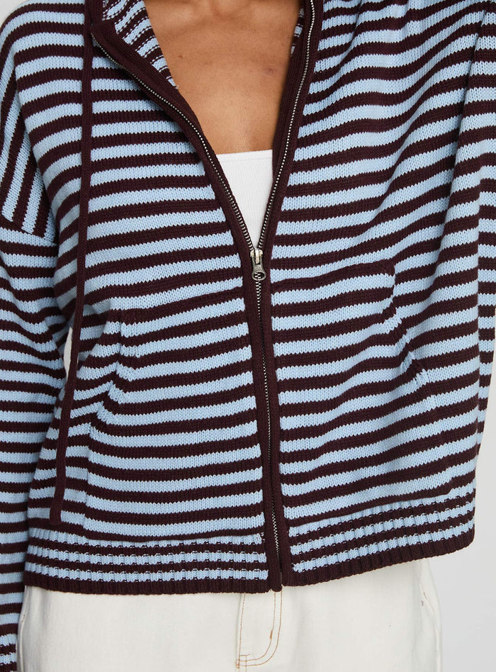 front view of model wearing Princess Polly Brienna Zip Jacket Burgundy / Blue Stripe