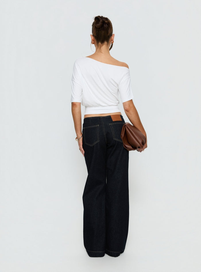 back view of model wearing Princess Polly Buenos No Waist Low Rise Straight Leg Jeans Raw Denim Mid Rise Jeans