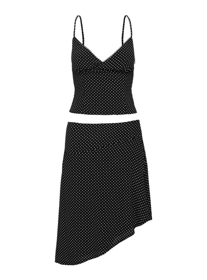 Cabernet Asymmetrical Co-ord Black Polka Dot