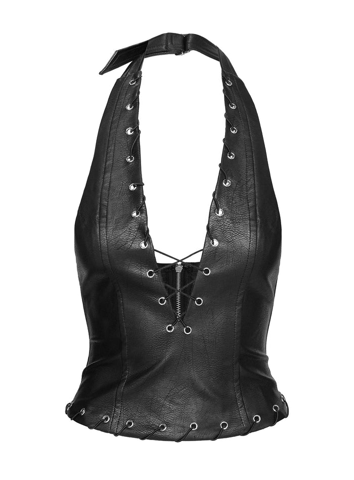 side view of model wearing Princess Polly Captivated Faux Leather Halter Top Black Sleeveless Plunger