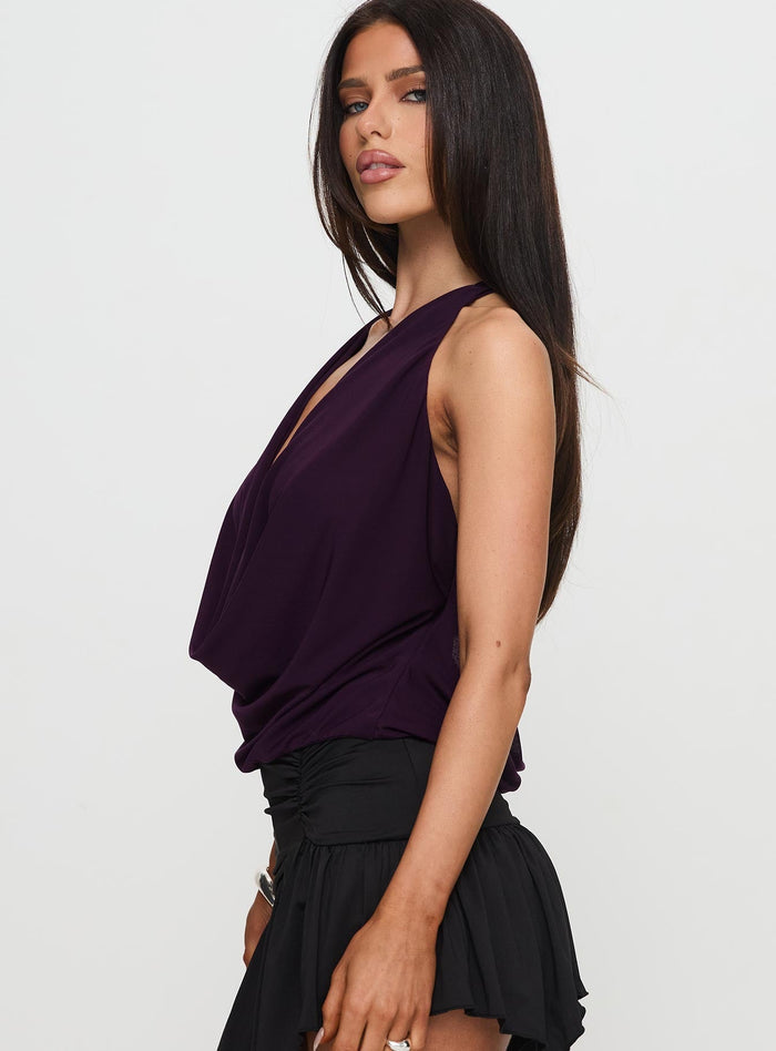 side view of model wearing Princess Polly Carefree Days Cowl Neck Top Purple Sleeveless Cowl