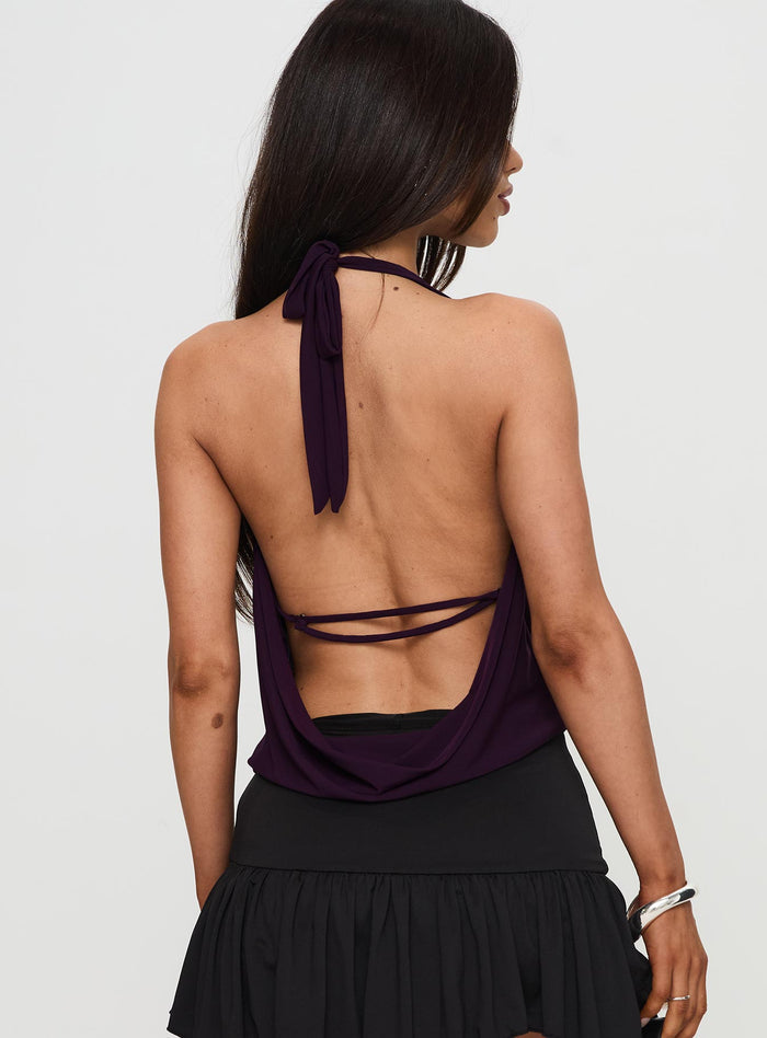 back view of model wearing Princess Polly Carefree Days Cowl Neck Top Purple Sleeveless Cowl