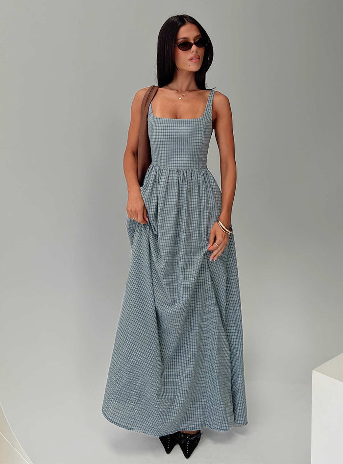 side view of model wearing Princess Polly Cartmel Check Maxi Dress Navy Square Neck
