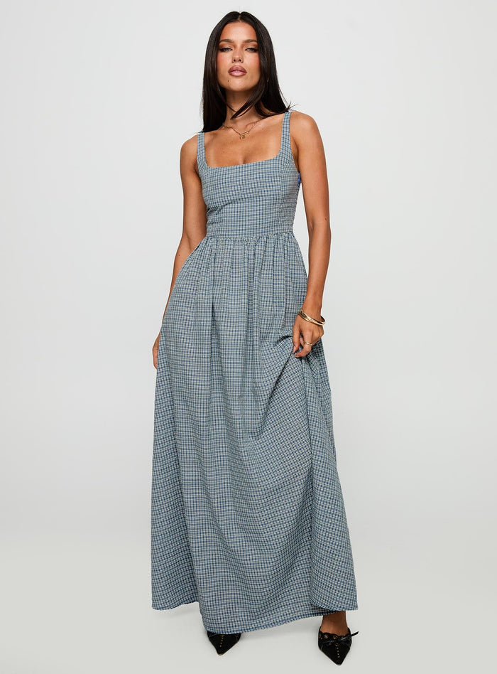 front view of model wearing Princess Polly Cartmel Check Maxi Dress Navy Square Neck