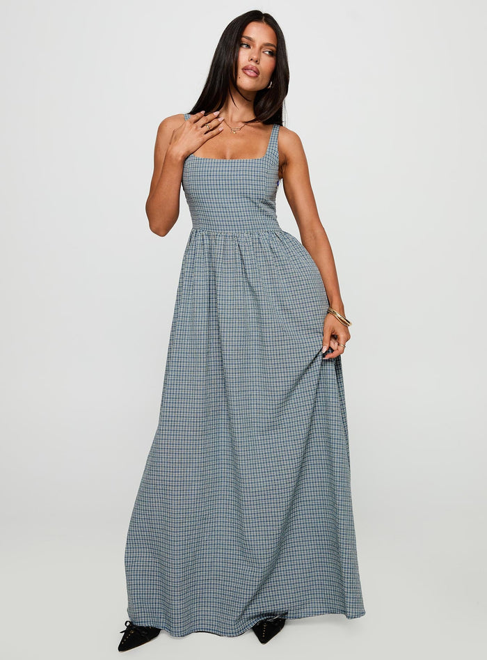 front view of model wearing Princess Polly Cartmel Check Maxi Dress Navy Square Neck