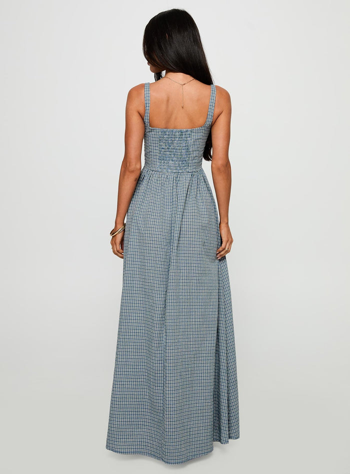 back view of model wearing Princess Polly Cartmel Check Maxi Dress Navy Square Neck