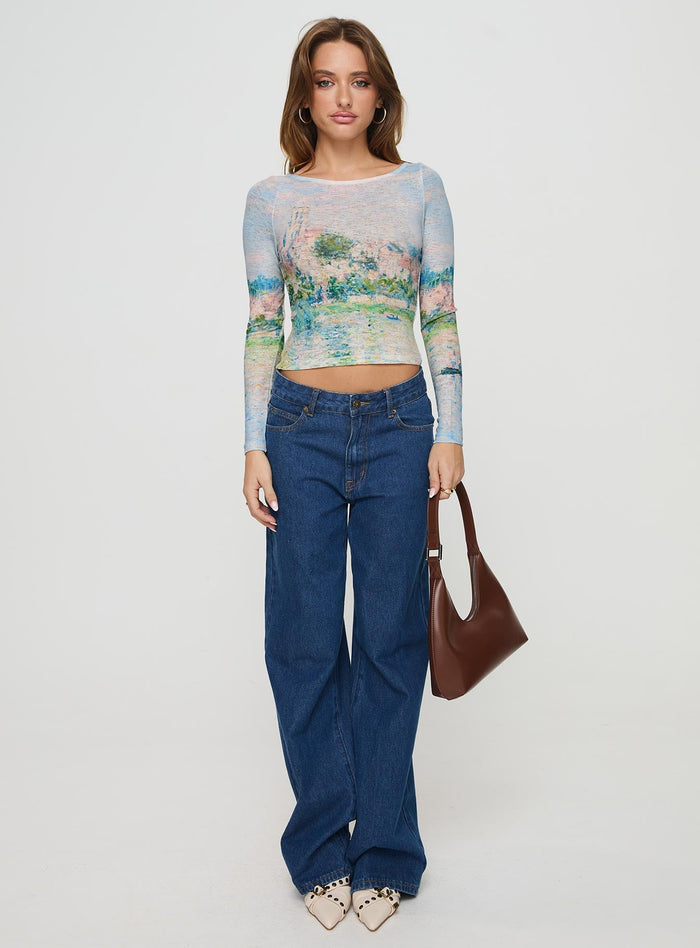 front view of model wearing Princess Polly Castle On The Hill Long Sleeve Top Multi Full Sleeves Scoop Neck