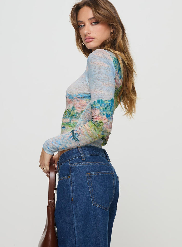 side view of model wearing Princess Polly Castle On The Hill Long Sleeve Top Multi Full Sleeves Scoop Neck