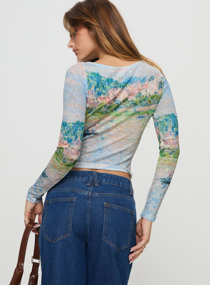 back view of model wearing Princess Polly Castle On The Hill Long Sleeve Top Multi Full Sleeves Scoop Neck