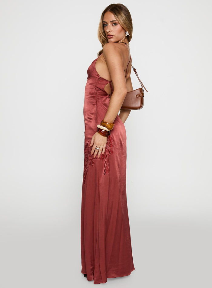 side view of model wearing Princess Polly Catch You Up Beaded Maxi Dress Red Scoop Neck
