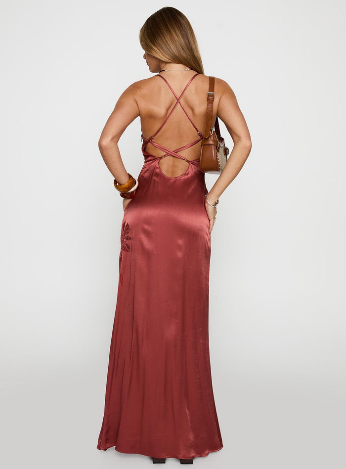 back view of model wearing Princess Polly Catch You Up Beaded Maxi Dress Red Scoop Neck