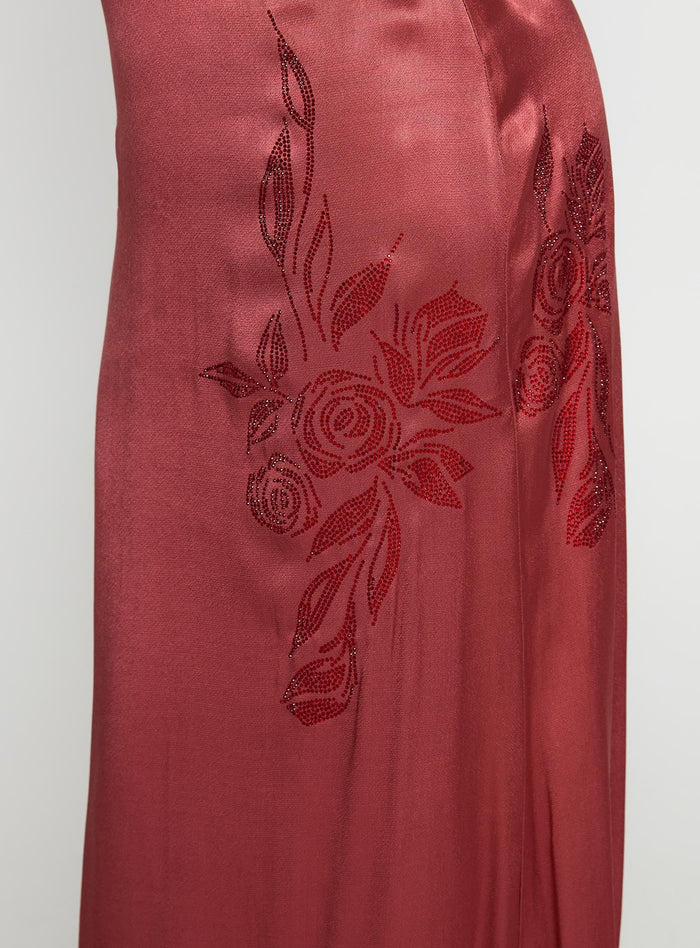 back view of model wearing Princess Polly Catch You Up Beaded Maxi Dress Red Scoop Neck