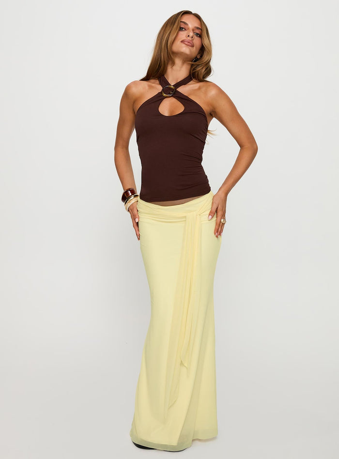 front view of model wearing Princess Polly Caviar Tie Maxi Skirt Lemon