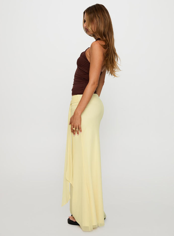 side view of model wearing Princess Polly Caviar Tie Maxi Skirt Lemon