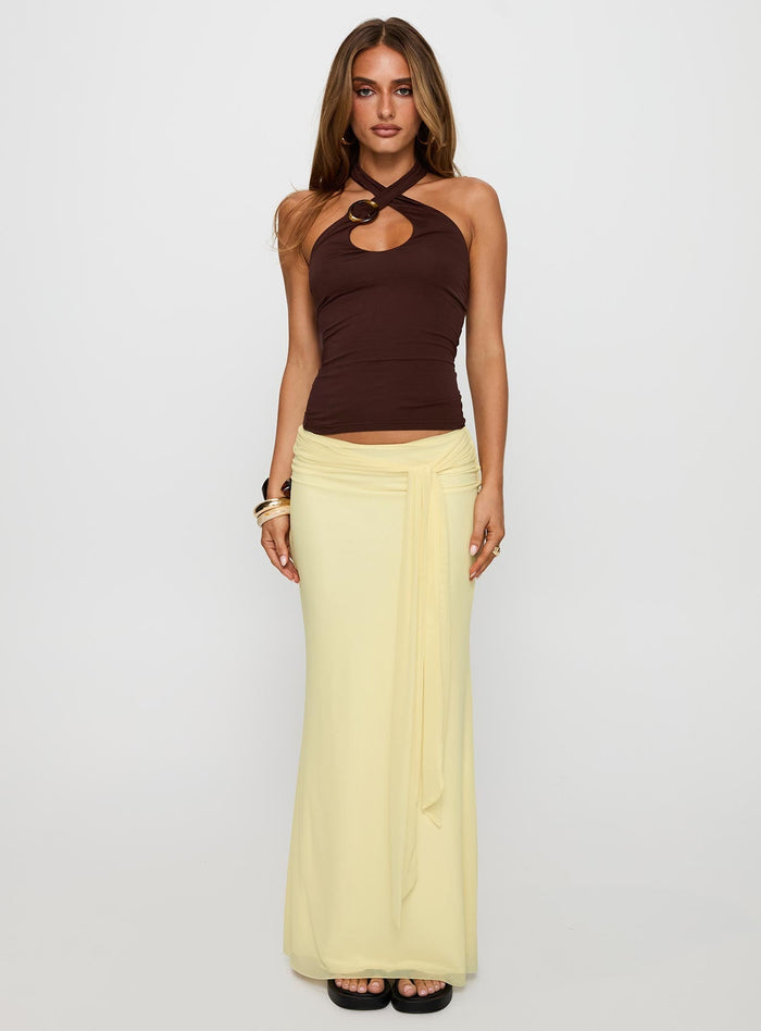 side view of model wearing Princess Polly Caviar Tie Maxi Skirt Lemon