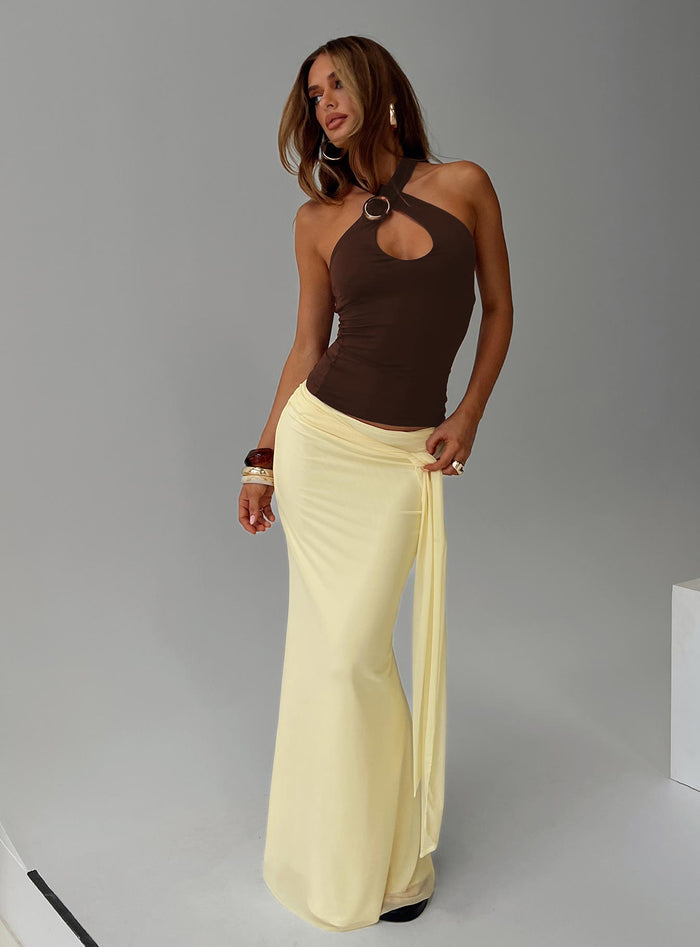 side view of model wearing Princess Polly Caviar Tie Maxi Skirt Lemon