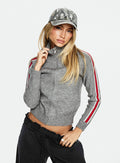 front view of model wearing Princess Polly Caysey Zip Through Knit Sweater Grey cropped