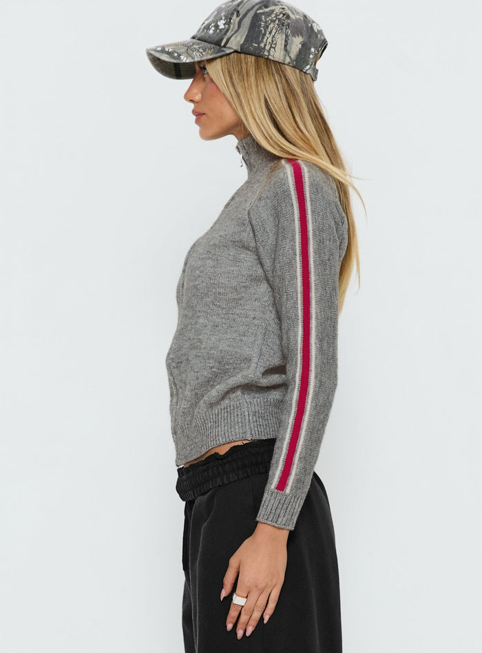 side view of model wearing Princess Polly Caysey Zip Through Knit Sweater Grey cropped