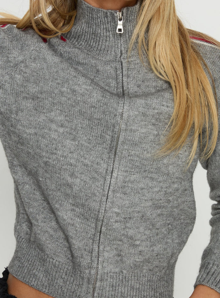back view of model wearing Princess Polly Caysey Zip Through Knit Sweater Grey cropped