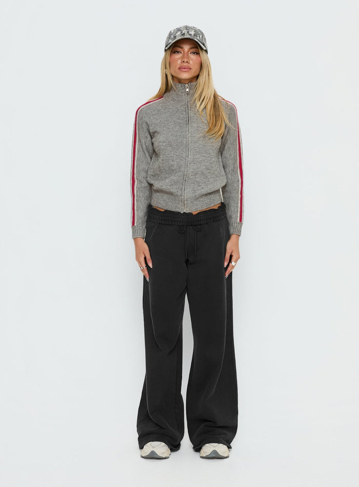 side view of model wearing Princess Polly Caysey Zip Through Knit Sweater Grey cropped
