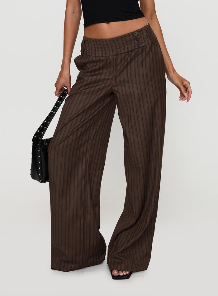 back view of model wearing Princess Polly Cedars Low Rise Pant Brown Stripe Low Rise Pants