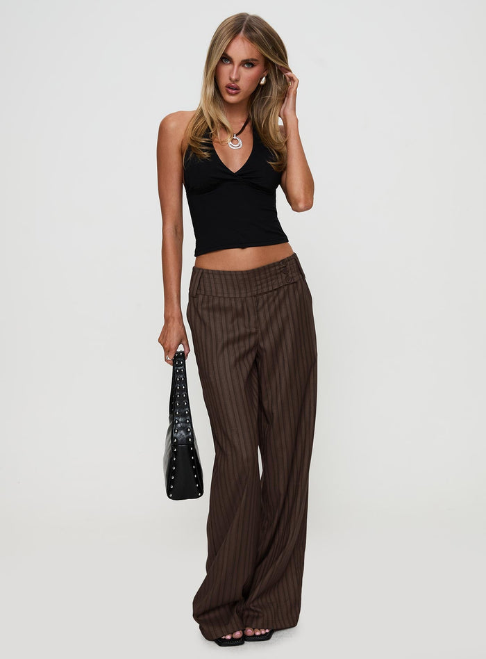 side view of model wearing Princess Polly Cedars Low Rise Pant Brown Stripe Low Rise Pants