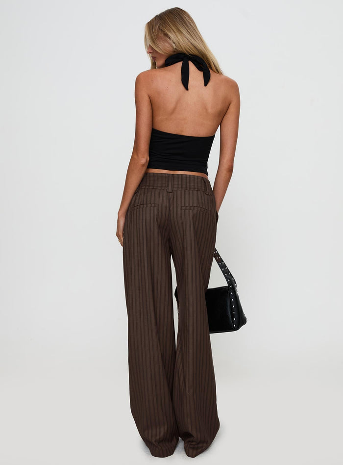 back view of model wearing Princess Polly Cedars Low Rise Pant Brown Stripe Low Rise Pants