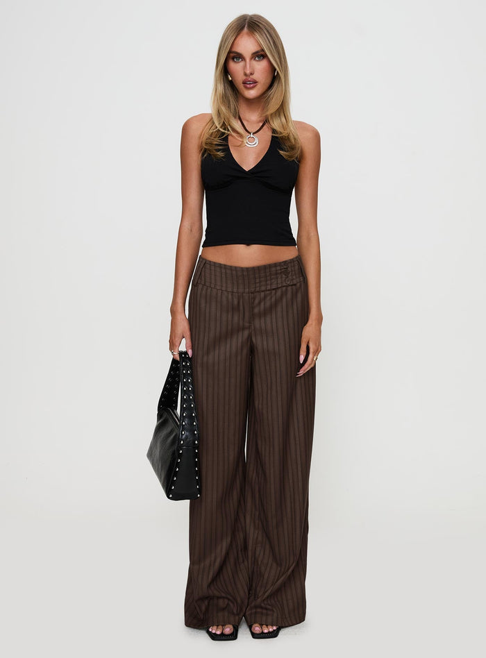 front view of model wearing Princess Polly Cedars Low Rise Pant Brown Stripe Low Rise Pants