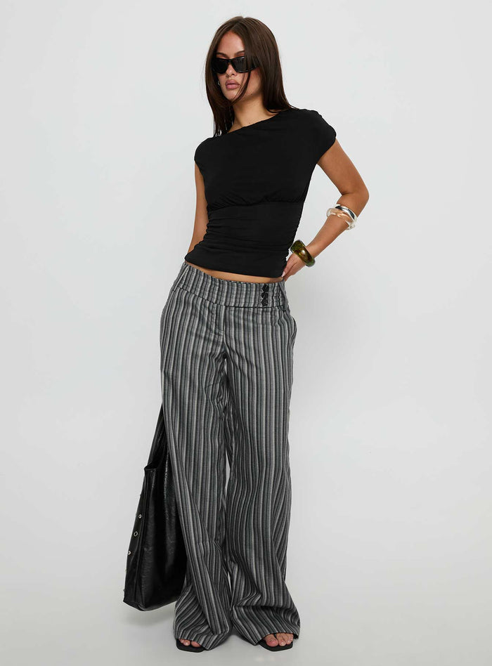 front view of model wearing Princess Polly Cedars Low Rise Pant Grey Stripe Low Rise Pants