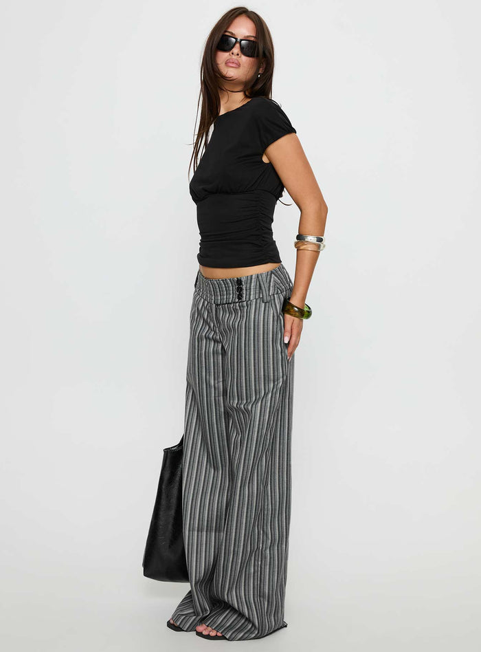 side view of model wearing Princess Polly Cedars Low Rise Pant Grey Stripe Low Rise Pants