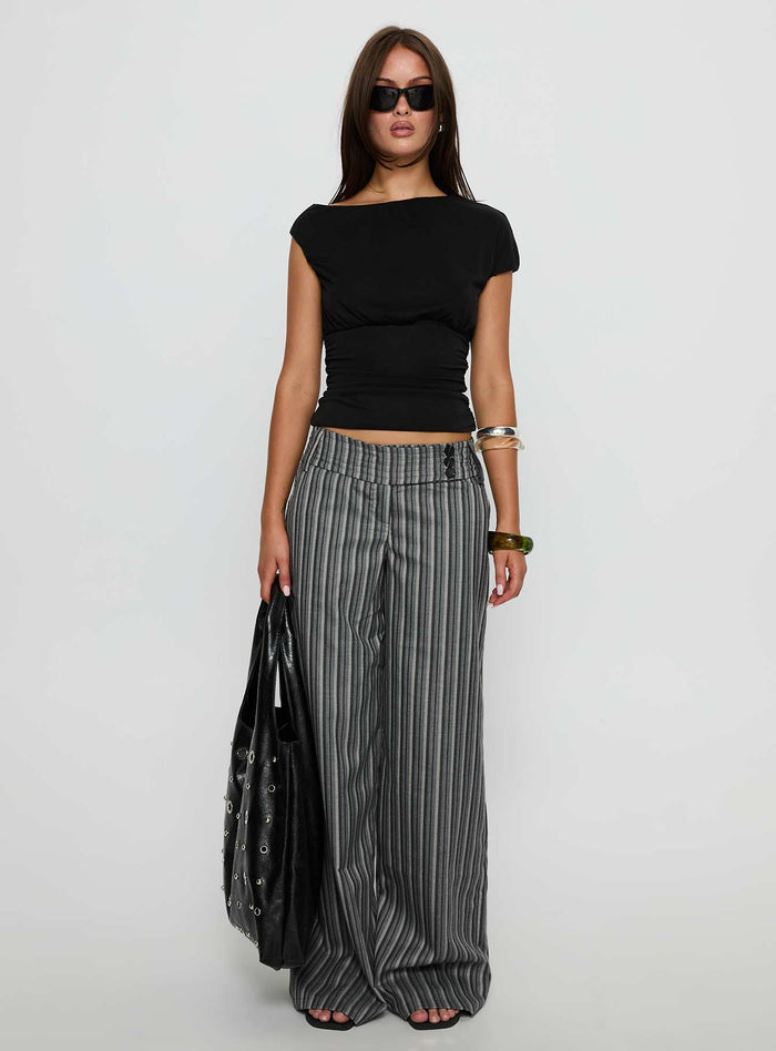 front view of model wearing Princess Polly Cedars Low Rise Pant Grey Stripe Low Rise Pants